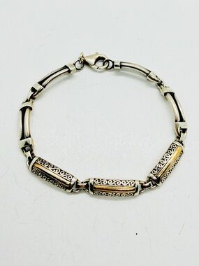 Vintage‎ RIL 925 Two Tone Sterling Silver & Gold Accent Bali Style Bracelet 7"
